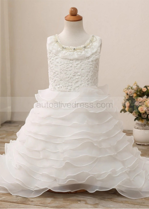 Beaded Ivory Lace Organza Tiered Flower Girl Dress